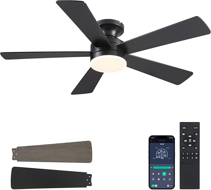 Flush Mount Ceiling Fans with Lights 46" Black Low Profile Modern | Amazon (US)