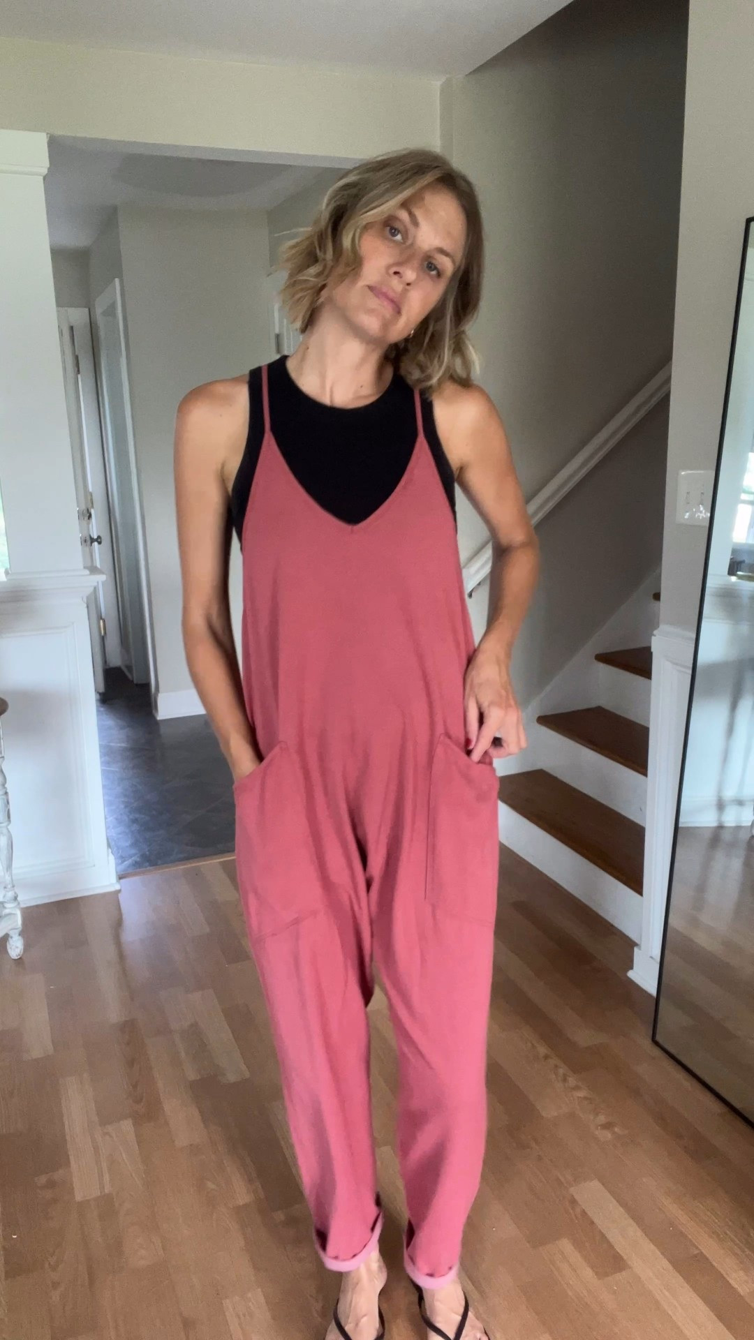 Wearing my true medium in this romper, medium tall tank, true 9 sandal  