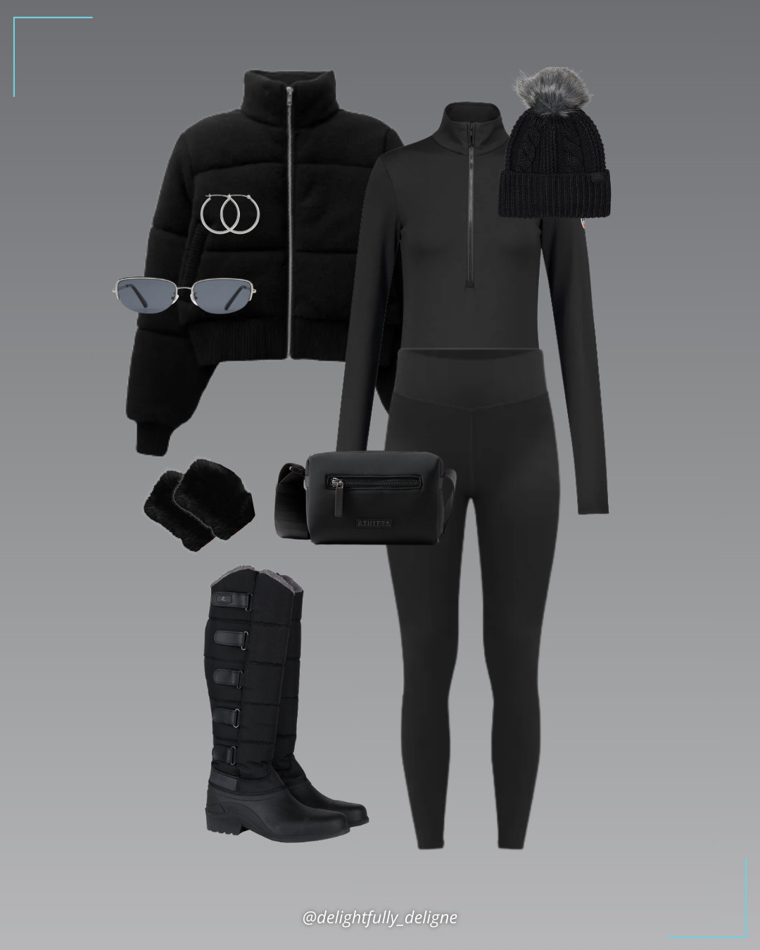 Après Sport Chic  ❄️🖤   Darling sweater puffer, half-zip ski top, high-rise thermal tights, Horze Utah thermo boots, faux-fur fingerless gloves, fur pom beanie, crossbody bag, rectangle sunglasses & sterling silver large hoop earrings.   

 #LTKootd #LTKSeasonal #LTKOver40