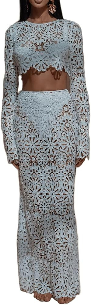 Summer Lace Two Piece Skirt Set for Women Sexy White Long Sleeve Crop Shirt Tops Crochet Full Len... | Amazon (US)