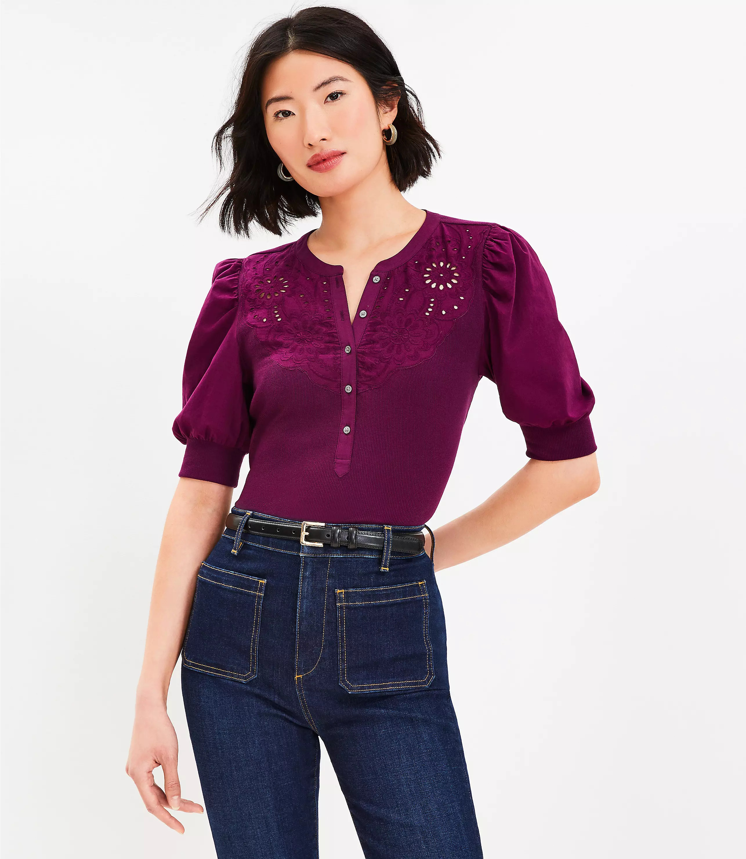 Eyelet Yoke Mixed Media Top | LOFT