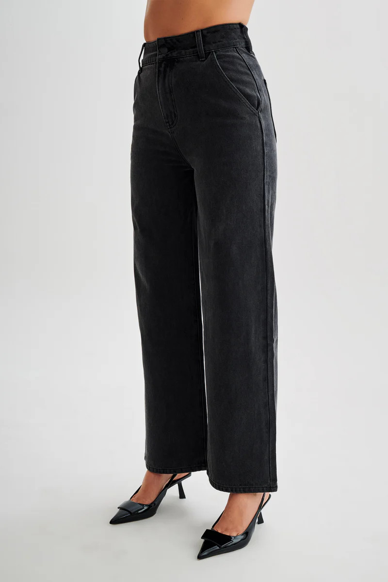 Roxy Wide Leg High Waist Denim Jeans - Washed Black | MESHKI US