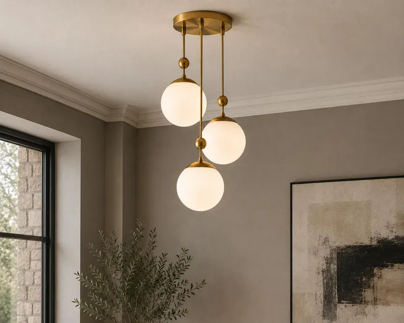 Brass Globe Chandelier | 3 Light Staggered Pendant | Mid-century Ceiling Fixture - Etsy | Etsy (Global)