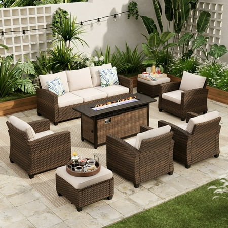 Sophia & William 8 Pieces Wicker Patio Furniture Set with 56" Fire Pit Table 9-Seat Outdoor Conversation Set , Beige | Walmart (US)