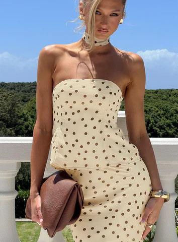 Sydni scarf detail strapless top Yellow / Chocolate Polka Dot | Princess Polly US