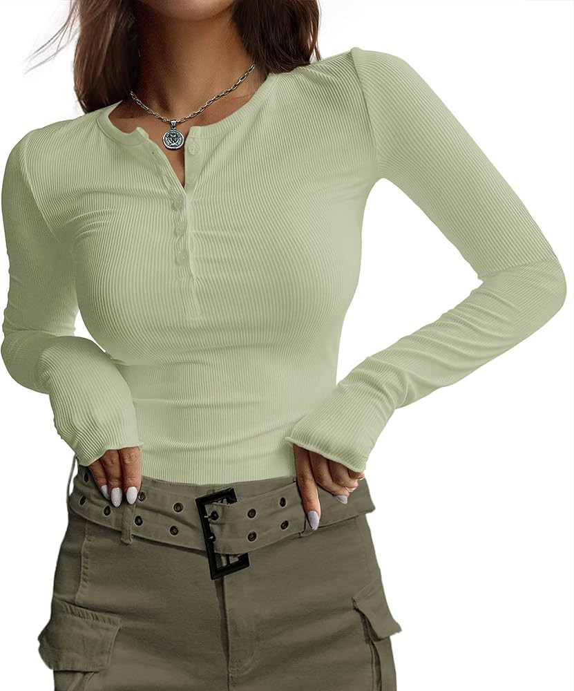 Ekouaer Women's Long Sleeve Henley Shirts Button Ribbed Knit Tops Basic Layering Slim Fit Soft Th... | Amazon (US)