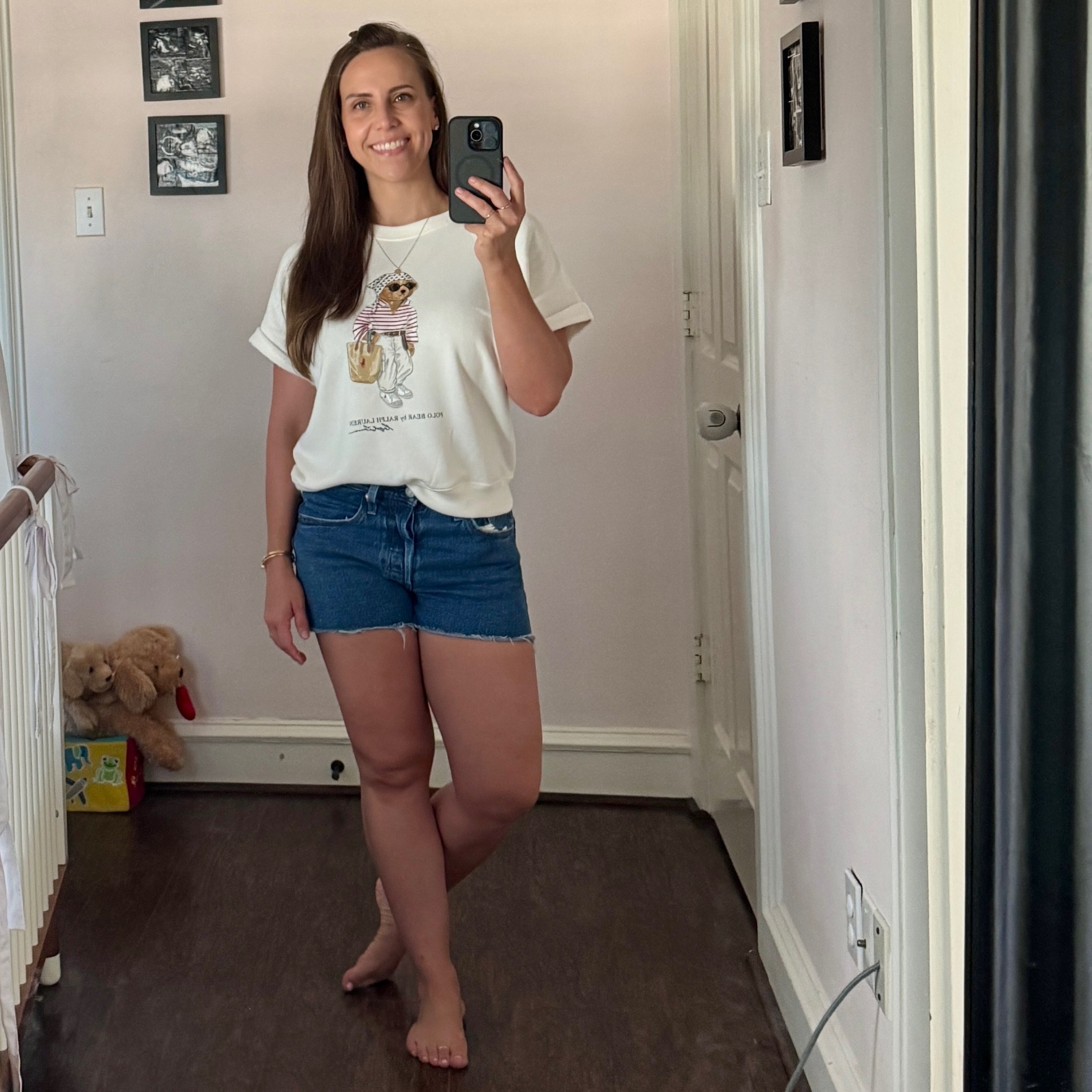 Love this bear tee. So chic and casual. Wearing a size XS in tee and 27 in denim shorts.

#LTKootd #LTKPetite #LTKTravel