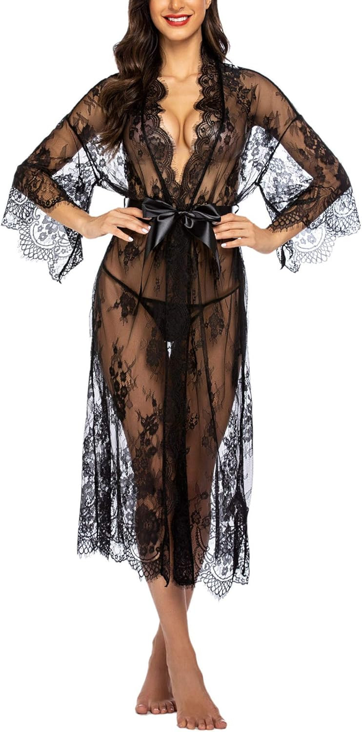 Avidlove Women Sexy Long Lace Lingerie Kimono Robe Sheer Babydoll Nightgown Nightdress | Amazon (US)
