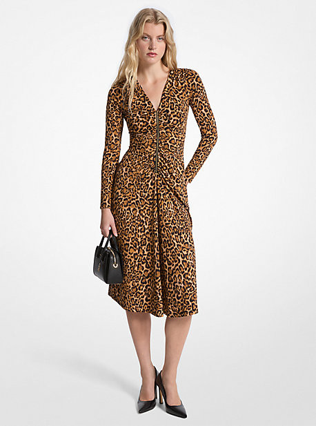 Leopard Print Matte Jersey Ruched Dress | Michael Kors US