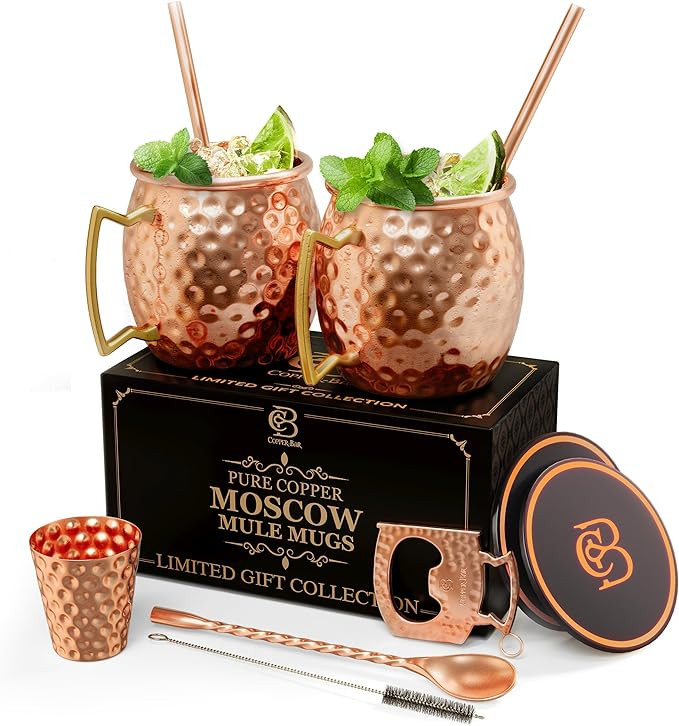 Moscow Mule Copper Mugs | Set of 2 Hammered Cups | 100% HANDCRAFTED Pure Solid Copper | Gift Set ... | Amazon (US)