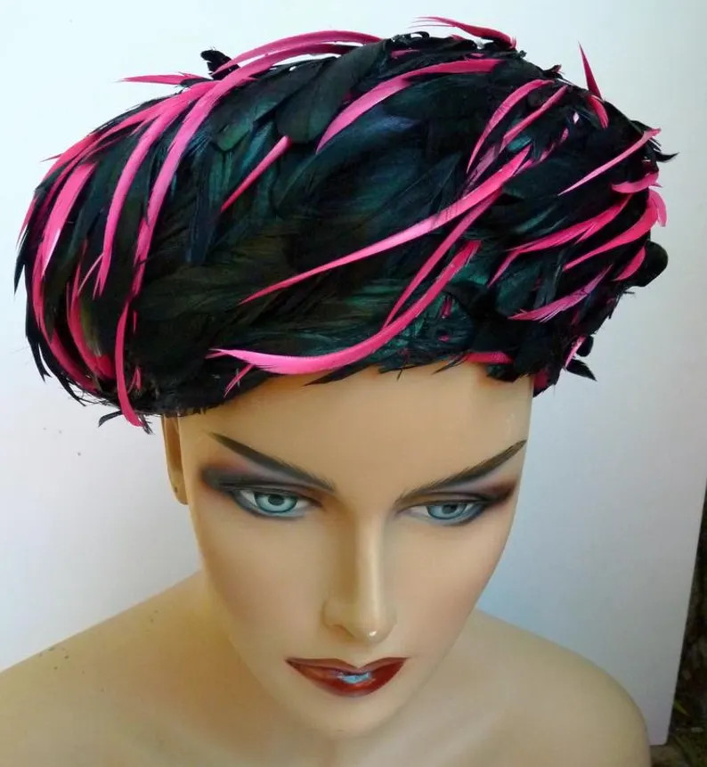 Vintage 1960s Christian Dior Feather Hat Black & Hot Pink Sony Wardrobe 22" | Etsy (Global)