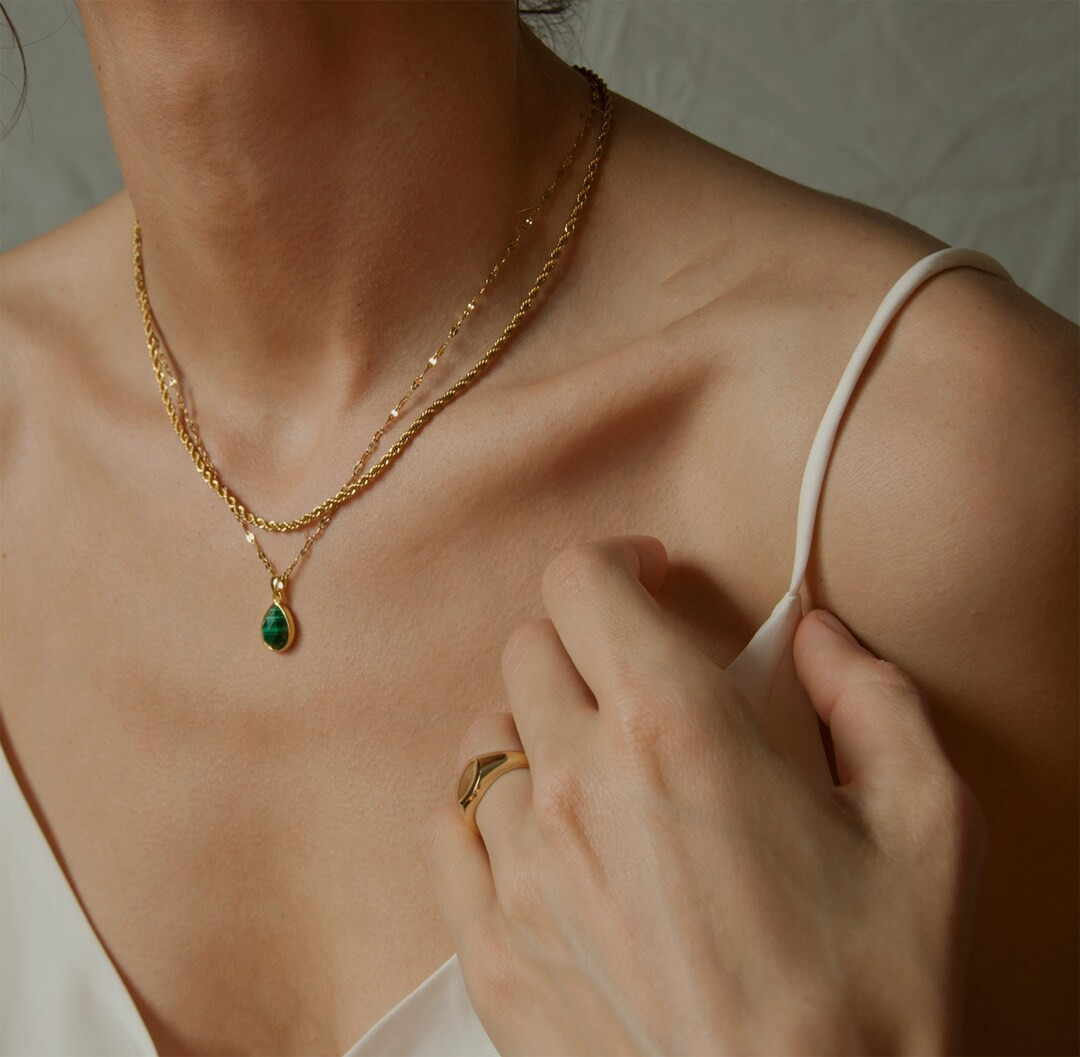 Malachite necklace gold, Natural malachite pendant necklace, Plain necklace or layered necklace s... | Etsy (US)