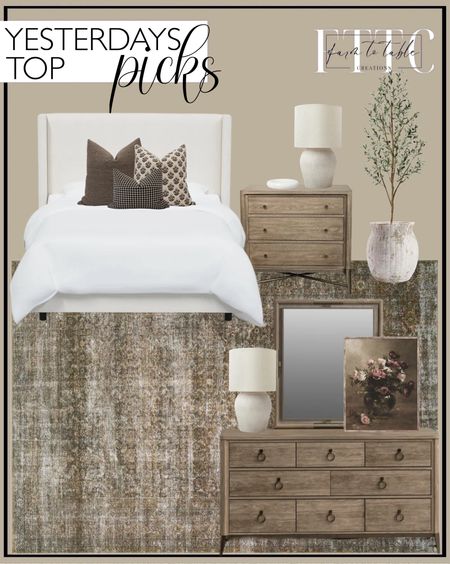 Yesterday’s Top Picks. Follow @farmtotablecreations on Instagram for more inspirational.

Billie Tobacco Rust Rug. Regan Metal Nightstand. Tilly Upholstered Bed. Regan Wall Mirror. Regan 8 - Drawer Dresser. Weathered, handcrafted, terra-cotta vase, pottery barn. Better Homes & Gardens 21" Raw Sand Table Lamp with Shade by Dave & Jenny Marrs. 6 foot Olive Tree. Walmart Find. Brown Pillow Cover Set Moody Pillow Cover Combo. Antiqve Moody Vintage Still Life. Marble Dish White - Threshold designed with Studio McGee

Bedroom Finds | Amazon Home | Target Sale | Loloi Rugs | Magnolia Home | console table | console table styling | faux stems | entryway space | home decor finds | neutral decor | entryway decor | cozy home | affordable decor |  | home decor | home inspiration | spring stems | spring console | spring vignette | spring decor | spring decorations | console styling | entryway rug | cozy moody home | moody decor | neutral home




#LTKSaleAlert #LTKFindsUnder50 #LTKHome