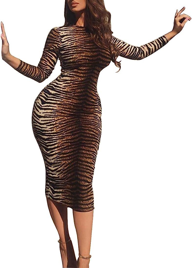 LuFeng Women's Long Sleeve High Neck Tigerskin Snakeskin Leopard Print Midi Bodycon Dress Party C... | Amazon (US)