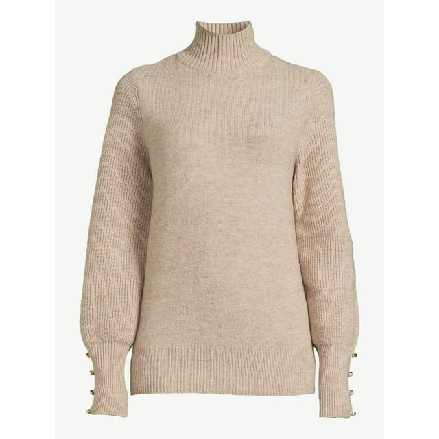 Scoop Women's Turtleneck Sweater with Faux Pearl Button Cuffs, Midweight, Sizes XS-XXL | Walmart (US)