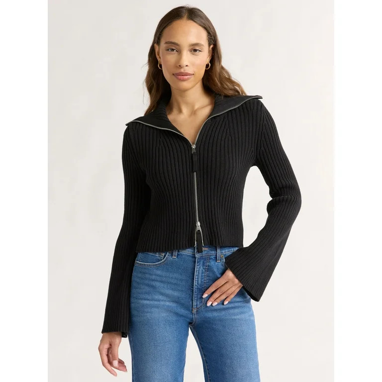 Sofia Jeans Women's Wide Collar Zip Cardigan, Lightweight, Size XS-XXXL | Walmart (US)