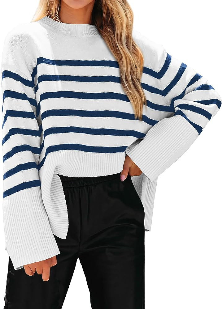 KIRUNDO Women's 2023 Fall Winter Casual Oversized Long Sleeve Striped Sweater Crew Neck Ribbed Kn... | Amazon (US)