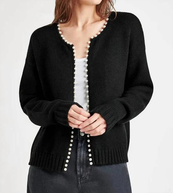Pearl Trim Cardigan In Black | Shop Simon
