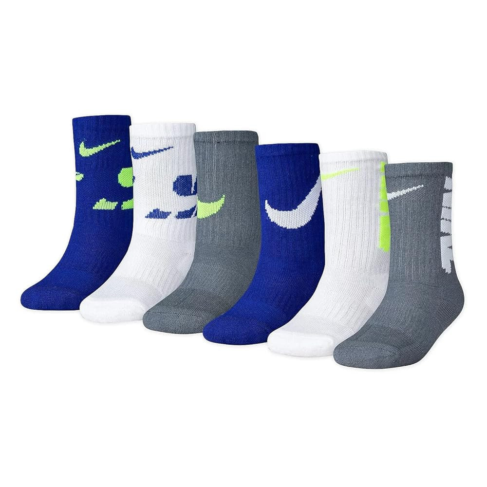 Nike Boy`s Cushioned Crew Socks 6 Pack (Grey(BN0464-U1A)/White/Blue, 5-7 (Kids 10C-3Y)) | Amazon (US)