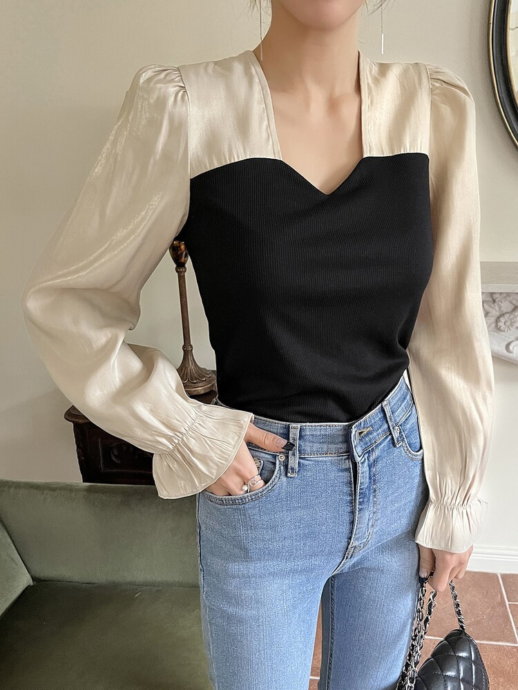 DAZY Colorblock Flounce Sleeve Sweetheart Neck Blouse | SHEIN