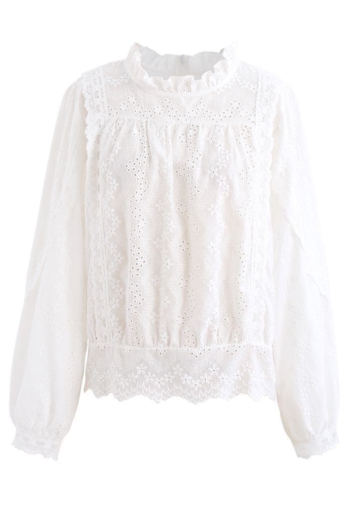 High Neck Eyelet Embroidered Floret Top in White | Chicwish