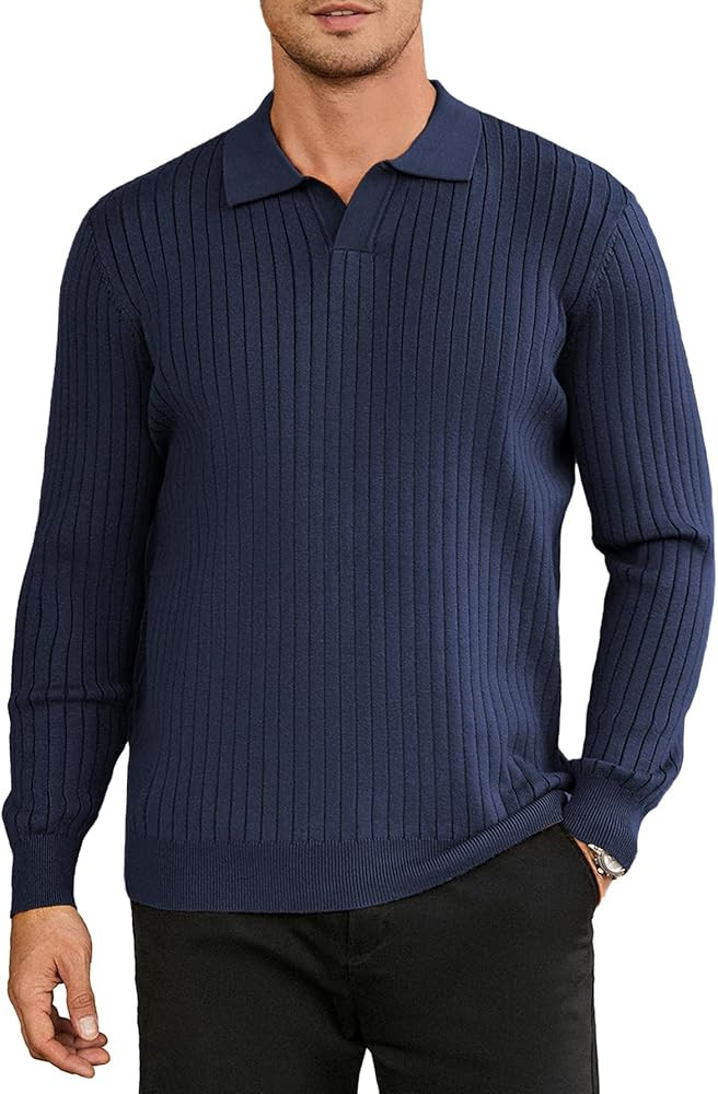 Hardaddy Men's Ribbed Knit Sweater Collared V Neck Polo Shirts Casual Long Sleeve Polo Sweater So... | Amazon (US)