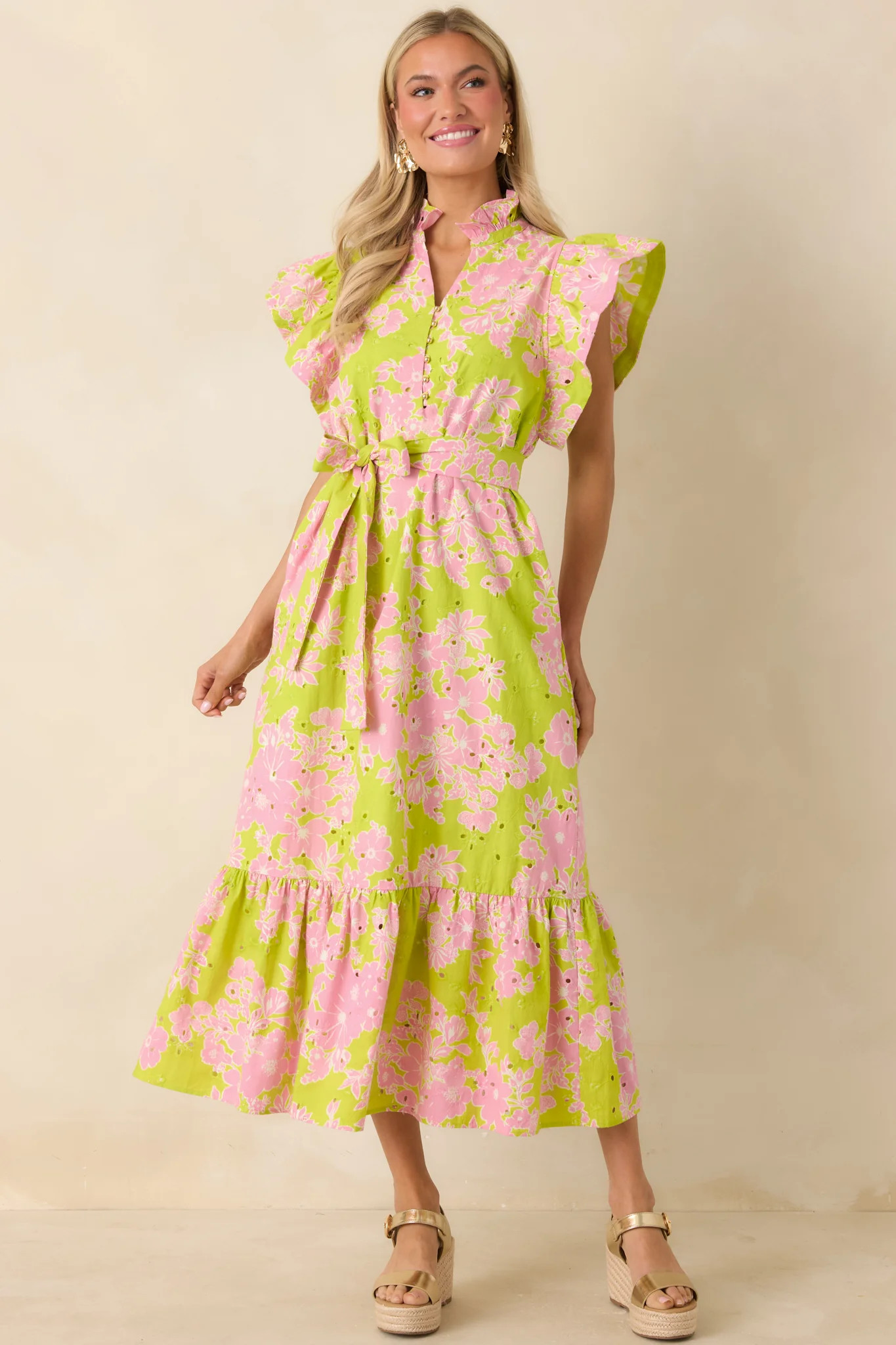 Fresh Air Floral Chartreuse & Pink Floral Cotton Eyelet Midi Dress | Red Dress