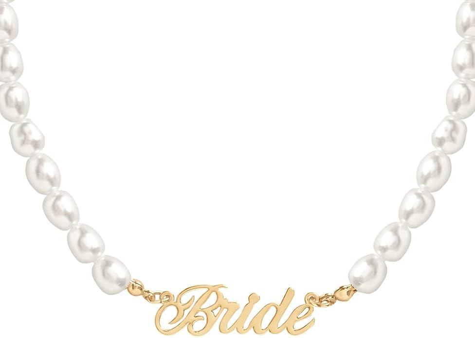 xo, Fetti Bride Pearl Beaded Necklace, 16" Choker, Bride Gold Nameplate | Bachelorette Party Deco... | Amazon (US)