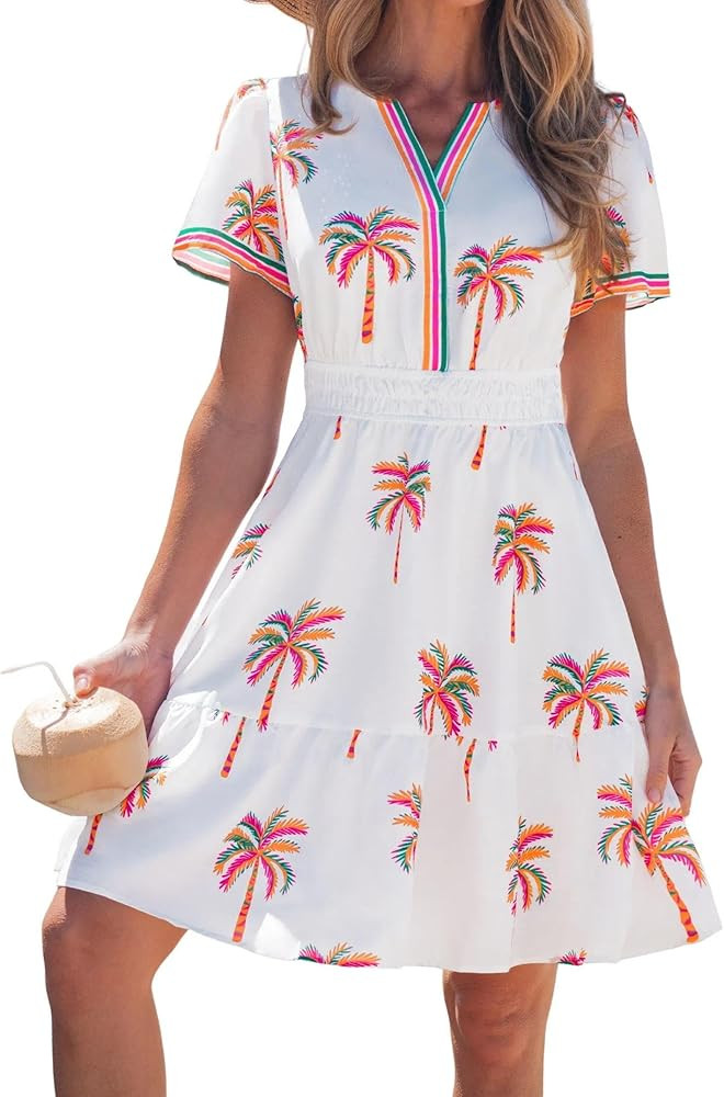 popvil Women Summer Short Dress 2026 Casual Mini Beach Dress Cute Boho Short Sleeve V Neck A-Line... | Amazon (US)