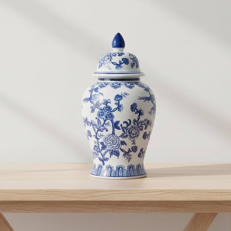 Decorative Ginger Jar for Home Decor – Ceramic Jar With Lid, Chinoiserie Pattern, Large Tableto... | Amazon (US)