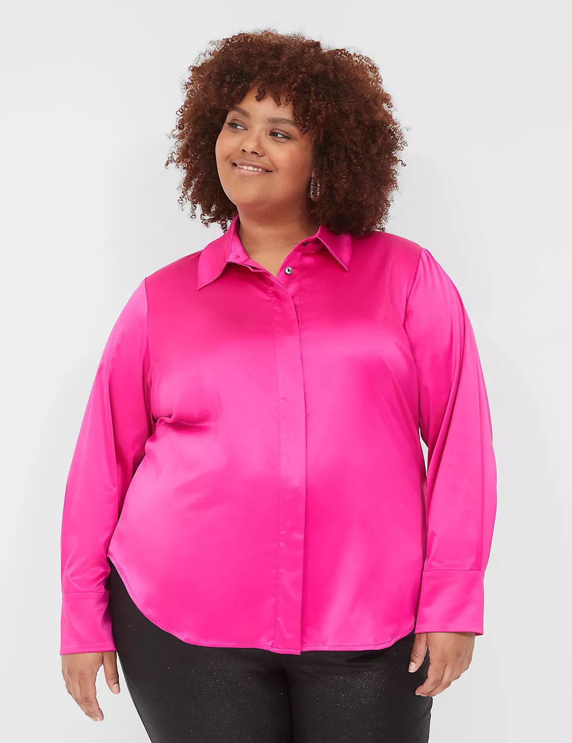 Long-Sleeve Button-Down Satin Shirt | LaneBryant | Lane Bryant (US)