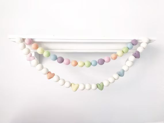 Candy Hearts Garland / Pastel Rainbow Garland / Heart Felt Balls / Pastel Hearts Garland / Pom Pom G | Etsy (US)