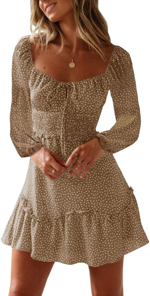 Yobecho Womens Summer Ruffle Sleeve Sweetheart Neckline Printing Dress Mini Dress (Small, L-Khaki... | Amazon (US)