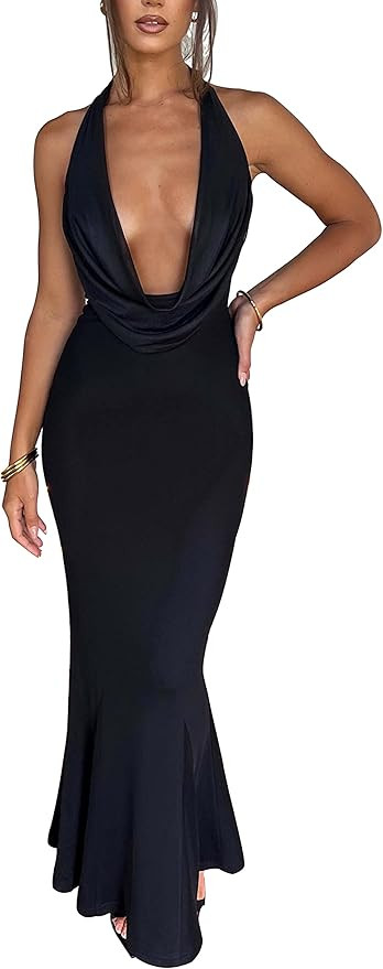 LuFeng Women's Sexy Sleeveless Summer Dress Backless Deep V Neck Halter Bodycon Maxi Party Dress | Amazon (US)