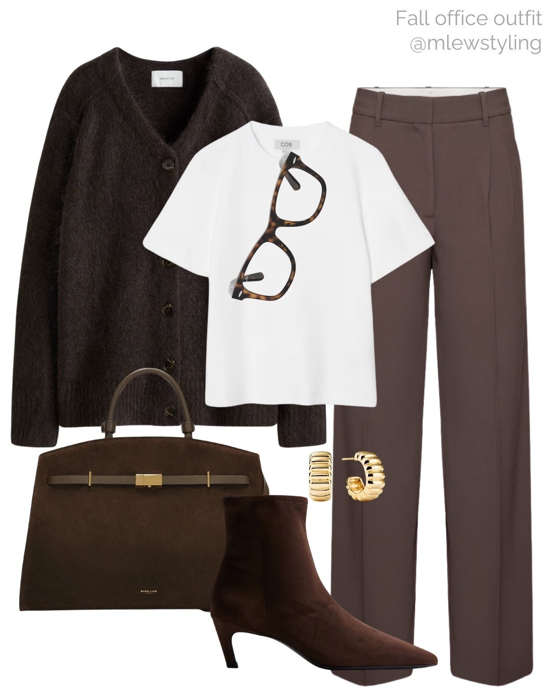 Fall office outfit 🤎🍂

Tags: brown mohair cardigan sweater, COS white t-shirt, aritzia effortless pants, brown trousers, DeMellier suede tote bag, brown kitten heel boots, blue light glasses,
Mejuri gold hoop earrings, autumn outfit, workwear 

#LTKShoeCrush #LTKWorkwear #LTKItBag