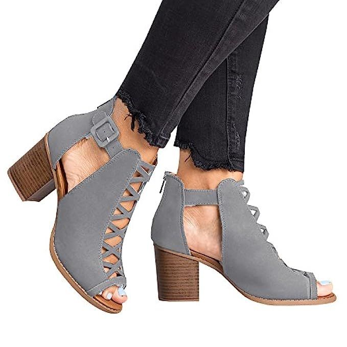 Womens Cutout Open Toe Bootie Sandals Stacked Chunky Block High Heel Ankle Boots | Amazon (US)