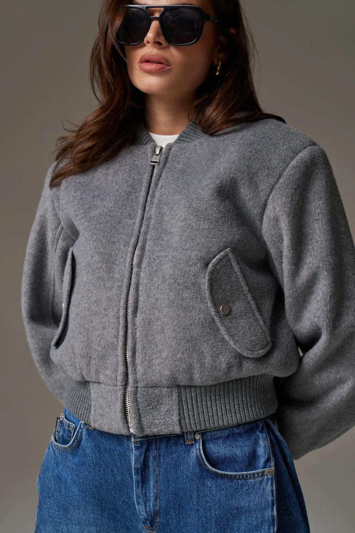 SHOULDER PADDED WOOL BLEND BOMBER JACKET - GREY MARL | The Couture Club