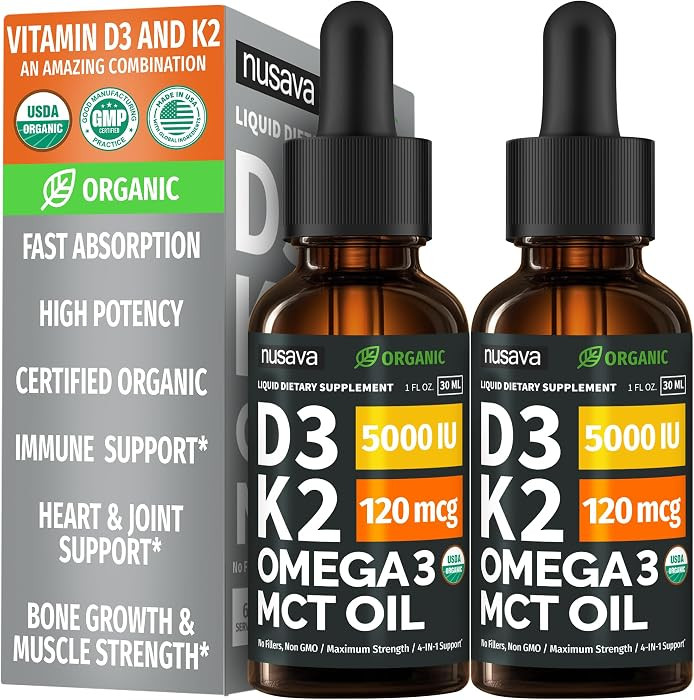 (2 Pack) Organic Vitamin D3 K2 Drops with MCT Oil & Omega 3 - Liquid Vitamin D3 5000 IU - K2 D3 V... | Amazon (US)
