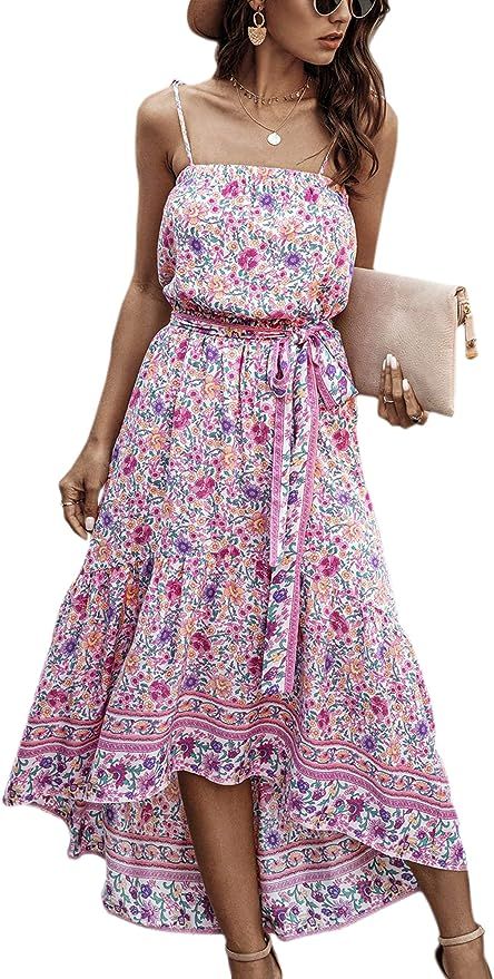 ECOWISH Women Dress Summer Spaghetti Strap Floral High Low Asymmetrical Irregular Hem Casual Long... | Amazon (US)