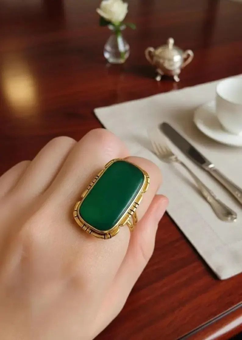 Green Onyx Statement Ring, Rectangular Gold Ring, Vintage Style Gemstone Ring, Handmade Minimal J... | Etsy (Global)