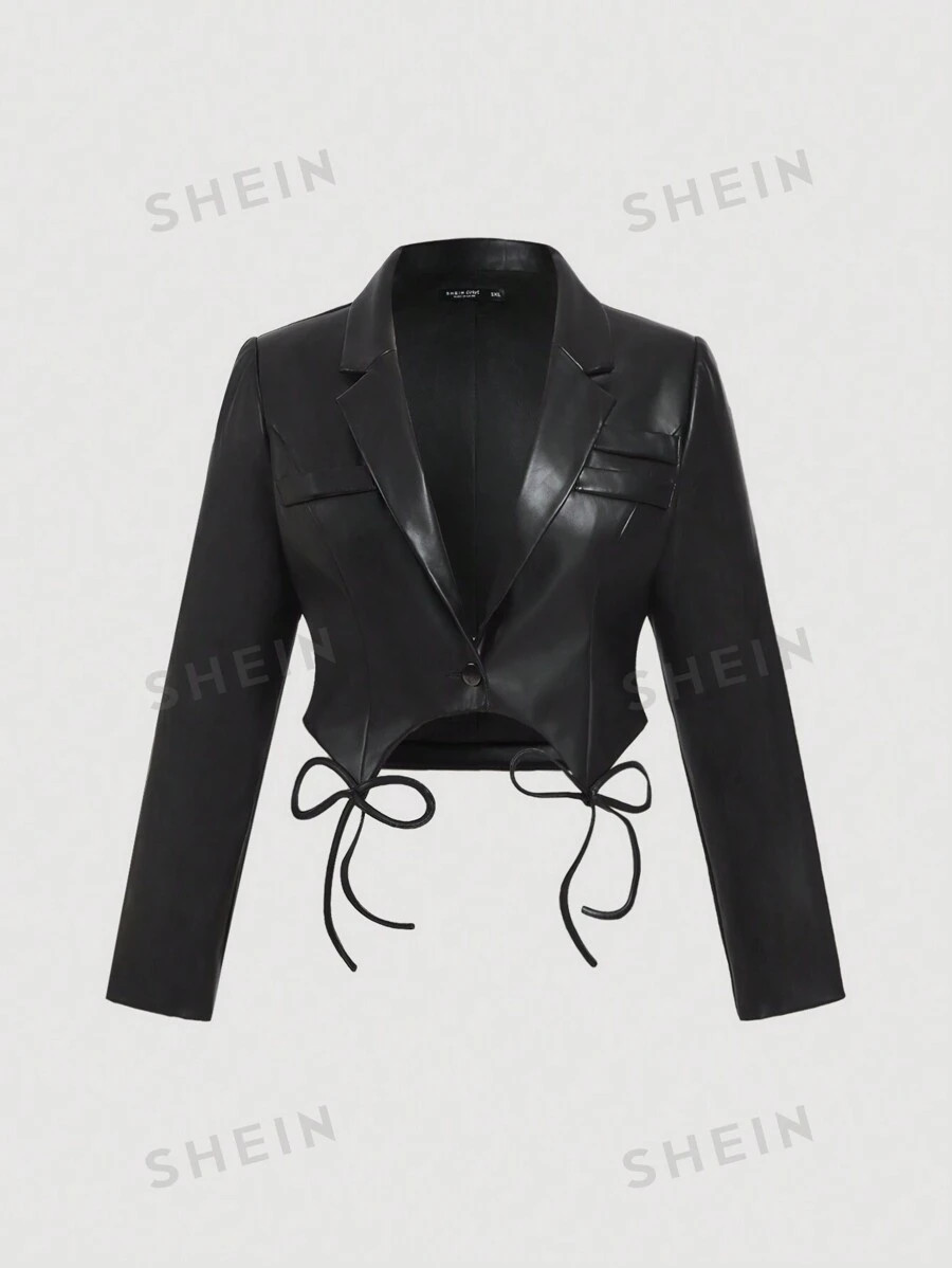 SHEIN MOD Plus Size Black Asymmetrical Hem Bow Decor PU Leather Blazer | SHEIN