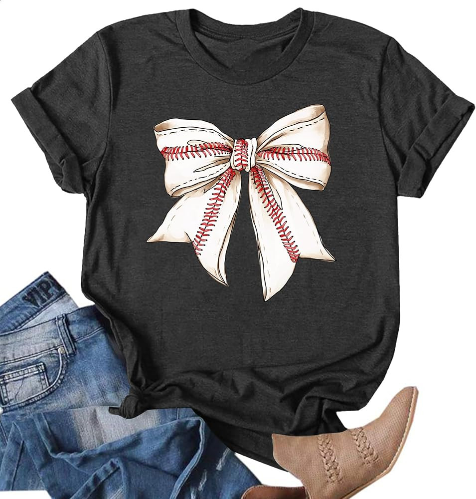 Baseball Shirts for Women Baseball Bow Graphic T Shirt Baseball Mom Short Sleeve Tee Game Day Gif... | Amazon (US)