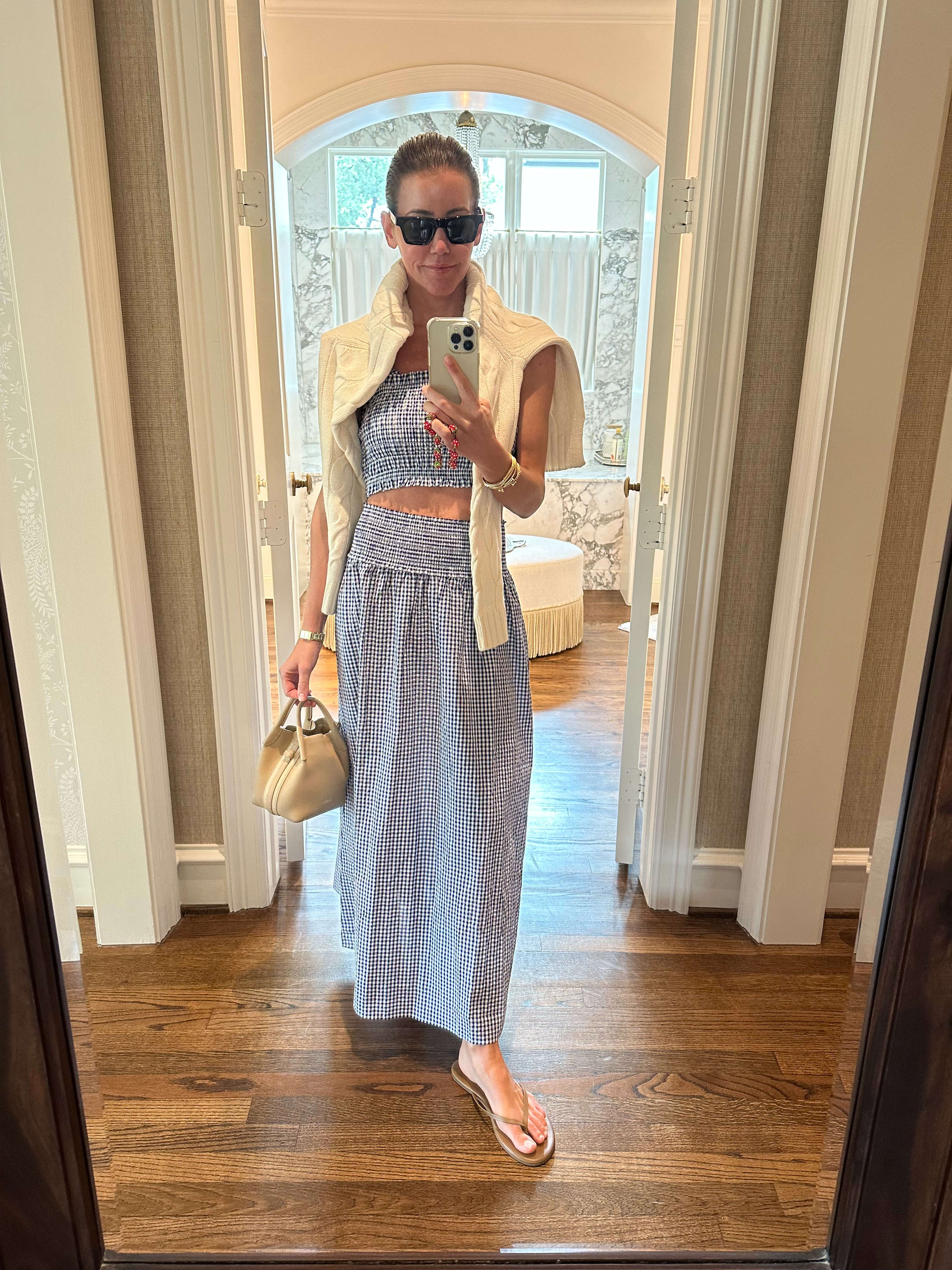 saint laurent sunnies // hill house top // hill house skirt // tkees sandals // loro piana bag  

 