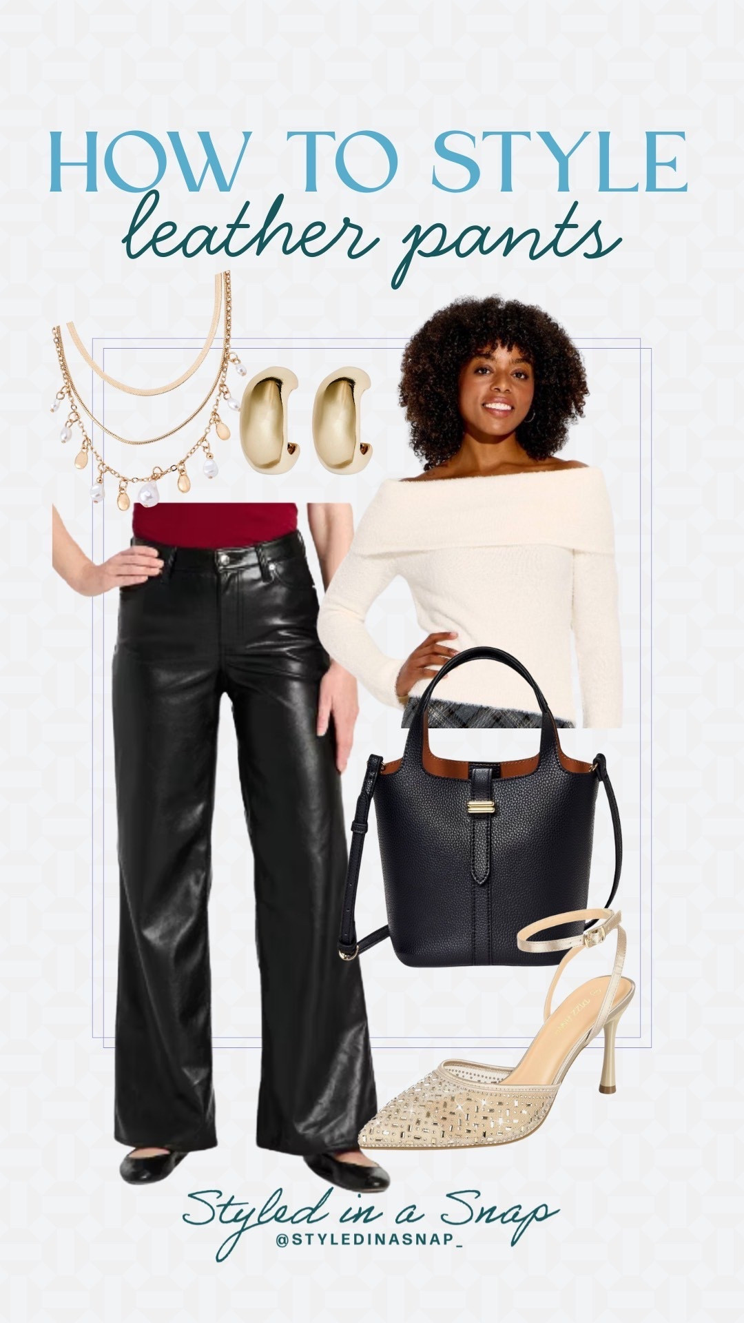 I am loving these leather look pants from Target, I paired them with some super cute embellished heels, an off white off the shoulder sweater and gold accessories that only look out of budget while being so affordable. This would be such a cute date night outfit. 
Date night outfit inspo, girls night outfit inspo 

#LTKFindsUnder50 #LTKOver40 #LTKPetite