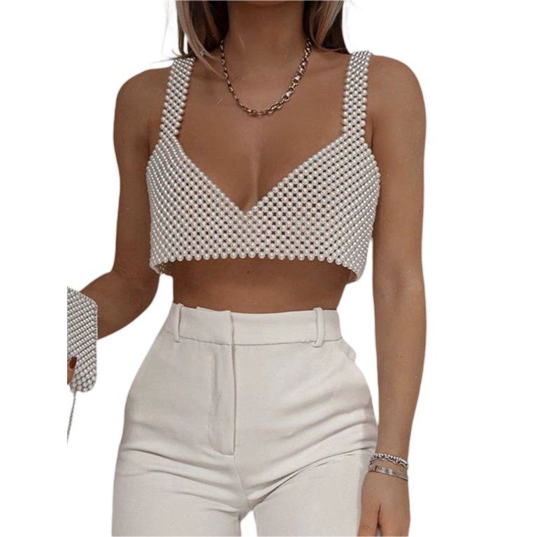 Starynighty Elegant Lady Pearl Crop Top Fishnet Hollow Out Camisole Summer Beach Holiday Cover-up... | Walmart (US)