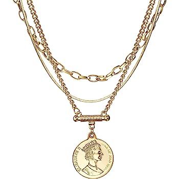 ACC PLANET Coin Necklace 3PCS Gold Plated Snake Chain Choker Queen Elizabeth Round Pendant Mother... | Amazon (US)