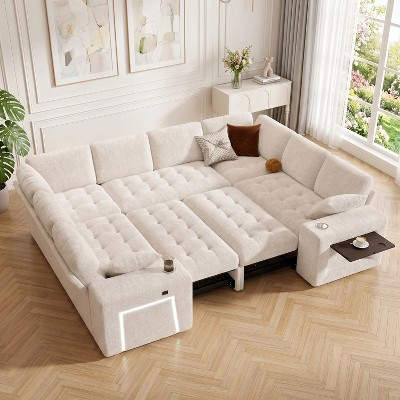 Dyonery 110" Modular Sectional Sleeper Sofa, 8-Seater Chenille U-Shaped Couch with Pull-Out Beds, USB Ports, Cup Holders, Side Table & Storage Ottoman | Target