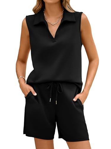 Glamaker Womens Two Piece Short Sets Summer Sleeveless Pullovers Tops and Drawstring High Waist Shorts with Pockets (Black L) | Amazon (US)