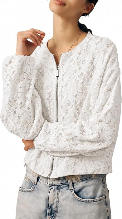 Women Lace Crop Jacket Floral Long Sleeve Zip Coat | Amazon (US)