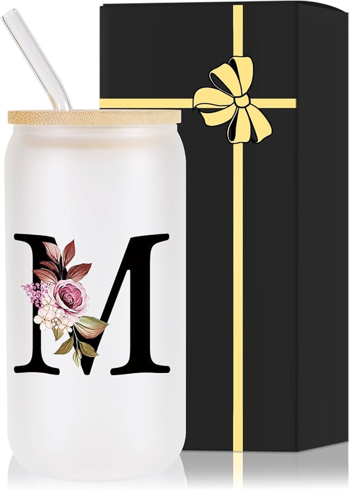 Monogrammed Glass Drinking Cup With Lid Straw Women Wife Gifts Ideal from Husband Happy Birthday ... | Amazon (US)